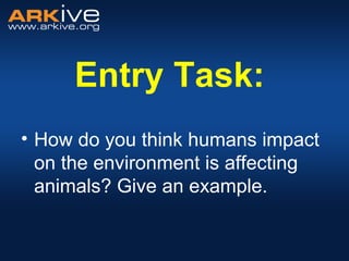 Entry Task:
• How do you think humans impact
on the environment is affecting
animals? Give an example.
 