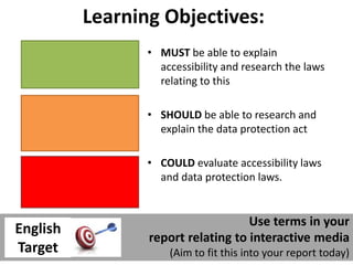 Learning Objectives:
• MUST be able to explain
accessibility and research the laws
relating to this
• SHOULD be able to research and
explain the data protection act
• COULD evaluate accessibility laws
and data protection laws.
Use terms in your
report relating to interactive media
(Aim to fit this into your report today)
English
Target
 