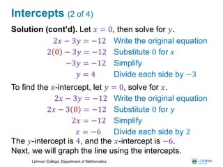 Lehman College, Department of Mathematics
Intercepts (2 of 4)
Solution (cont’d). Let 𝑥 = 0, then solve for 𝑦.
To find the 𝑥-intercept, let 𝑦 = 0, solve for 𝑥.
The 𝑦-intercept is 4, and the 𝑥-intercept is −6.
Next, we will graph the line using the intercepts.
2𝑥 − 3𝑦 = −12 Write the original equation
2 0 − 3𝑦 = −12 Substitute 0 for 𝑥
−3𝑦 = −12 Simplify
𝑦 = 4 Divide each side by −3
2𝑥 − 3𝑦 = −12 Write the original equation
2𝑥 − 3 0 = −12 Substitute 0 for 𝑦
2𝑥 = −12 Simplify
𝑥 = −6 Divide each side by 2
 