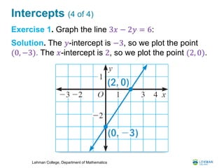 Lehman College, Department of Mathematics
Intercepts (4 of 4)
Exercise 1. Graph the line 3𝑥 − 2𝑦 = 6:
Solution. The 𝑦-intercept is −3, so we plot the point
(0, −3). The 𝑥-intercept is 2, so we plot the point (2, 0).
 