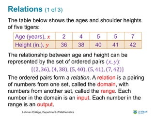 Lehman College, Department of Mathematics
Relations (1 of 3)
The table below shows the ages and shoulder heights
of five tigers:
The relationship between age and height can be
represented by the set of ordered pairs (𝑥, 𝑦):
The ordered pairs form a relation. A relation is a pairing
of numbers from one set, called the domain, with
numbers from another set, called the range. Each
number in the domain is an input. Each number in the
range is an output.
Age (years), 𝑥 2 4 5 5 7
Height (in.), 𝑦 36 38 40 41 42
2, 36 , 4, 38 , 5, 40 , 5, 41 , 7, 42
 