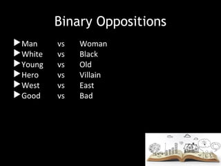Binary Oppositions
Man vs Woman
White vs Black
Young vs Old
Hero vs Villain
West vs East
Good vs Bad
 