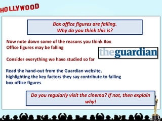 Box office figures are falling.
Why do you think this is?
Read the hand-out from the Guardian website,
highlighting the ke...