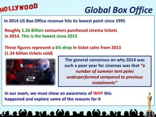 Global Box Office
In 2014 US Box Office revenue hits its lowest point since 1995
Roughly 1.26 Billion consumers purchased cinema tickets
in 2014. This is the lowest since 2015
These figures represent a 6% drop in ticket sales from 2013
(1.34 billion tickets sold)
In our exam, we must show an awareness of WHY this
happened and explore some of the reasons for it
The general consensus on why 2014 was
such a poor year for cinemas was that “a
number of summer tent poles
underperformed compared to previous
instalments”
 