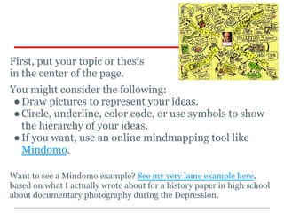 The Visual Thinker

First, put your topic or thesis
in the center of the page.
You might consider the following:
 ● Draw p...