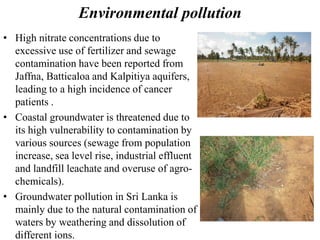 Environmental pollution
• High nitrate concentrations due to
excessive use of fertilizer and sewage
contamination have been reported from
Jaffna, Batticaloa and Kalpitiya aquifers,
leading to a high incidence of cancer
patients .
• Coastal groundwater is threatened due to
its high vulnerability to contamination by
various sources (sewage from population
increase, sea level rise, industrial effluent
and landfill leachate and overuse of agro-
chemicals).
• Groundwater pollution in Sri Lanka is
mainly due to the natural contamination of
waters by weathering and dissolution of
different ions.
 