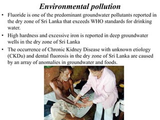 Environmental pollution
• Fluoride is one of the predominant groundwater pollutants reported in
the dry zone of Sri Lanka that exceeds WHO standards for drinking
water.
• High hardness and excessive iron is reported in deep groundwater
wells in the dry zone of Sri Lanka
• The occurrence of Chronic Kidney Disease with unknown etiology
(CKDu) and dental fluorosis in the dry zone of Sri Lanka are caused
by an array of anomalies in groundwater and foods.
 