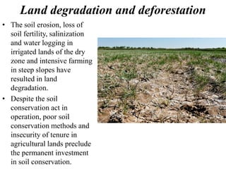 Land degradation and deforestation
• The soil erosion, loss of
soil fertility, salinization
and water logging in
irrigated lands of the dry
zone and intensive farming
in steep slopes have
resulted in land
degradation.
• Despite the soil
conservation act in
operation, poor soil
conservation methods and
insecurity of tenure in
agricultural lands preclude
the permanent investment
in soil conservation.
 