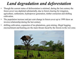 Land degradation and deforestation
• Though the current status of deforestation is minimal, during the last century the
forest cover was depleted substantially, due to forest clearing for irrigation,
agriculture, settlements, hydropower generation, timber extraction and shifting
cultivation.
• The population increase and per cent change in forest cover up to 1999 show an
inverse relationship during the last century
• shifting cultivation, expansion of tea plantations, gem mining, illegal logging,
encroachment and hunting are the main threats faced by the forests in the wet zone.
 