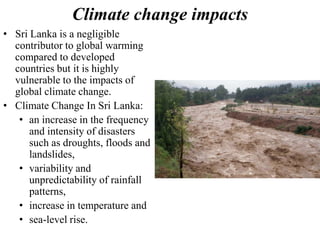 Climate change impacts
• Sri Lanka is a negligible
contributor to global warming
compared to developed
countries but it is highly
vulnerable to the impacts of
global climate change.
• Climate Change In Sri Lanka:
• an increase in the frequency
and intensity of disasters
such as droughts, floods and
landslides,
• variability and
unpredictability of rainfall
patterns,
• increase in temperature and
• sea-level rise.
 