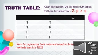LESSON 9 & 10 - LOGIC STATEMENTS, CONNCETIVES, QUANTIFIERS, AND TRUTH ...