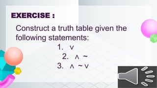 Statement In Math LESSON 9 & 10 - LOGIC STATEMENTS, CONNCETIVES, QUANTIFIERS, AND TRUTH ...
