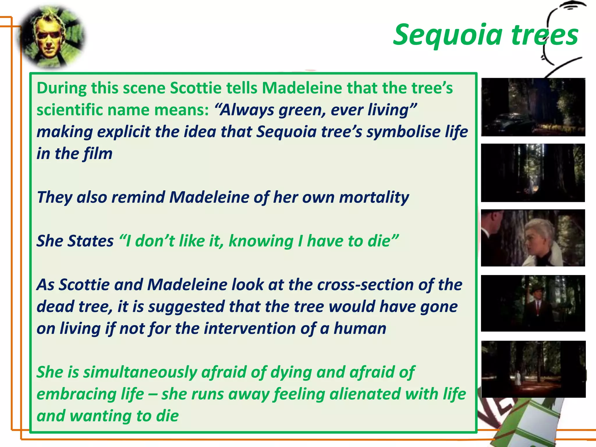 Sequoia trees
During this scene Scottie tells Madeleine that the tree’s
scientific name means: “Always green, ever living”
making explicit the idea that Sequoia tree’s symbolise life
in the film

They also remind Madeleine of her own mortality

She States “I don’t like it, knowing I have to die”

As Scottie and Madeleine look at the cross-section of the
dead tree, it is suggested that the tree would have gone
on living if not for the intervention of a human

She is simultaneously afraid of dying and afraid of
embracing life – she runs away feeling alienated with life
and wanting to die
 