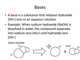 Bases
• A base is a substance that releases hydroxide
(OH-) ions in an aqueous solution
• Example: When sodium hydroxide (NaOH) is
dissolved in water, the compound separates
into sodium ions (Na+) and hydroxide ions
(OH-)
 