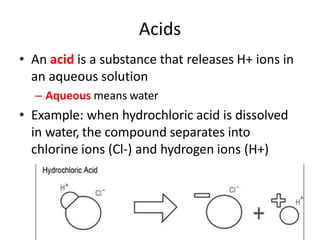 Acids
• An acid is a substance that releases H+ ions in
an aqueous solution
– Aqueous means water
• Example: when hydrochloric acid is dissolved
in water, the compound separates into
chlorine ions (Cl-) and hydrogen ions (H+)
 