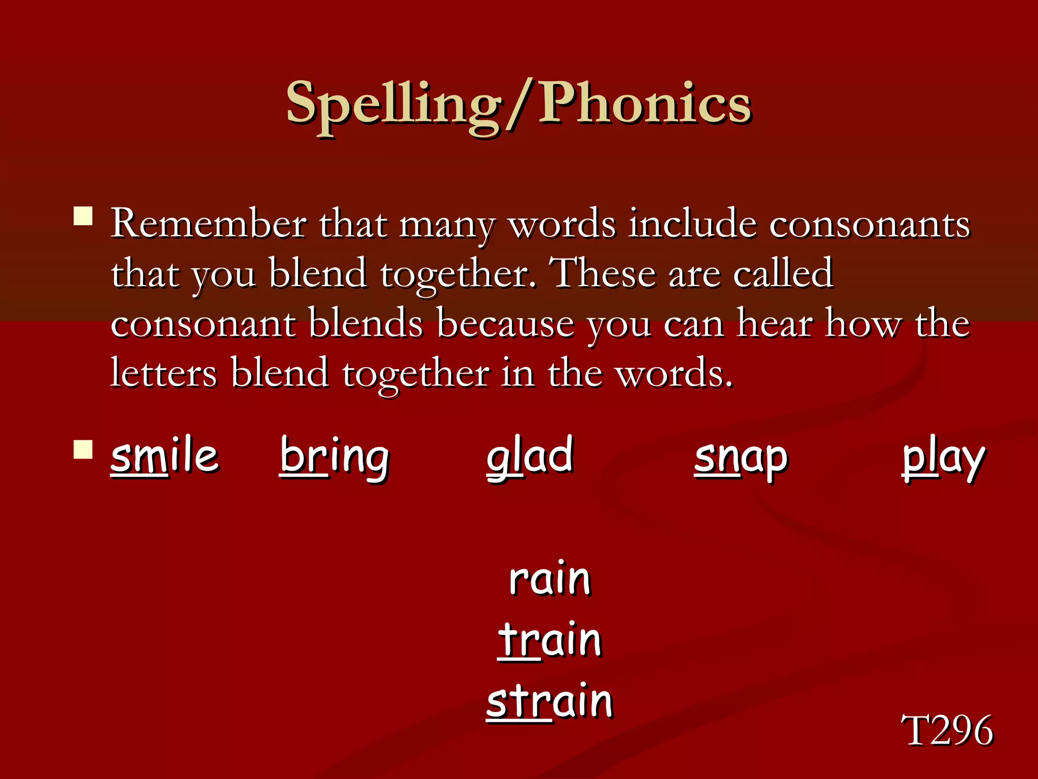 SSppeelllliinngg//PPhhoonniiccss 
 RReemmeemmbbeerr tthhaatt mmaannyy wwoorrddss iinncclluuddee ccoonnssoonnaannttss 
tthhaatt yyoouu bblleenndd ttooggeetthheerr.. TThheessee aarree ccaalllleedd 
ccoonnssoonnaanntt bblleennddss bbeeccaauussee yyoouu ccaann hheeaarr hhooww tthhee 
lleetttteerrss bblleenndd ttooggeetthheerr iinn tthhee wwoorrddss.. 
 ssmmiillee bbrriinngg ggllaadd ssnnaapp ppllaayy 
rraaiinn 
ttrraaiinn 
ssttrraaiinn 
TT229966 
 