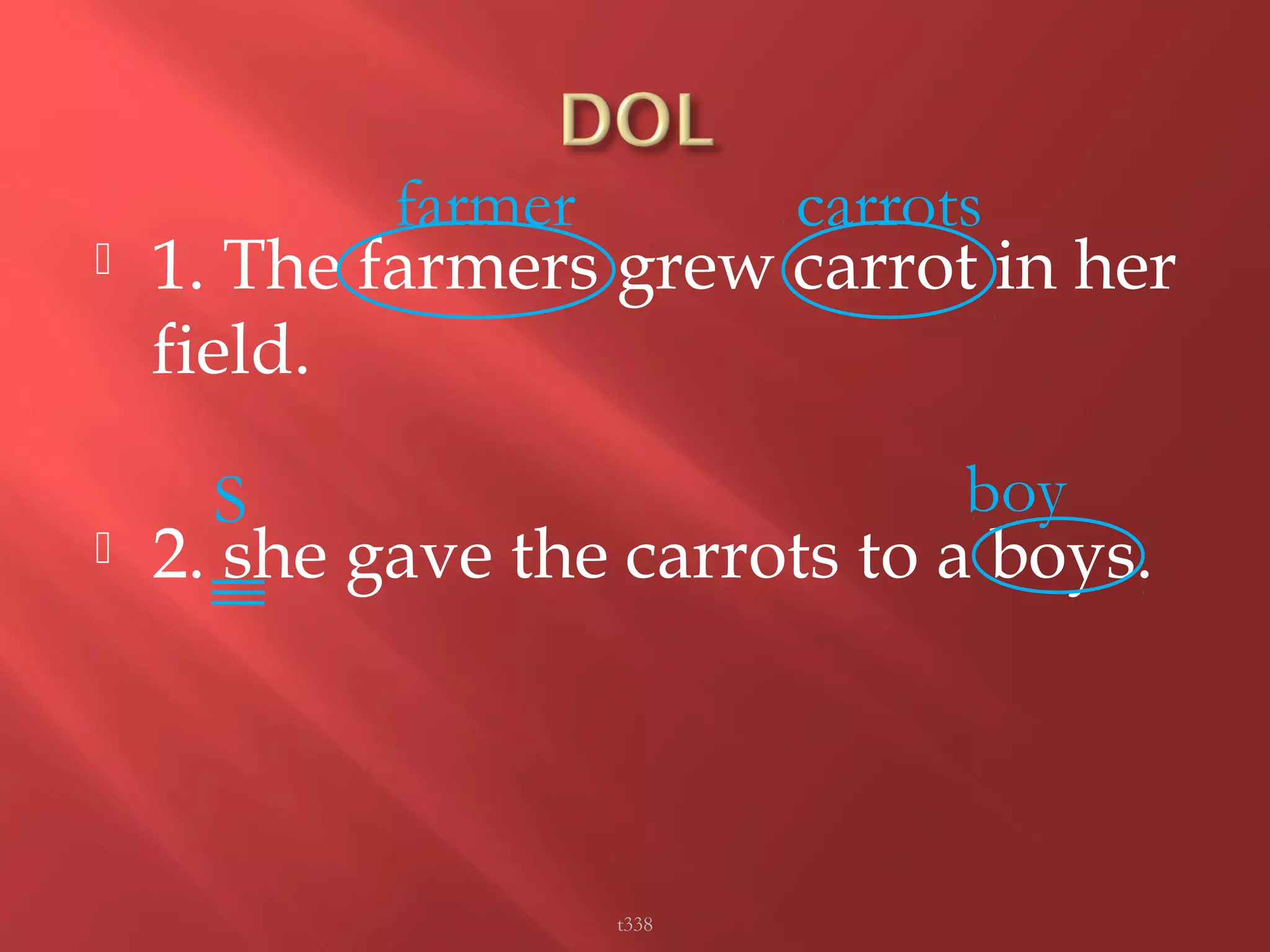 farmer carrots 
 1. The farmers grew carrot in her 
field. 
S boy 
 2. she gave the carrots to a boys. 
t338 
 