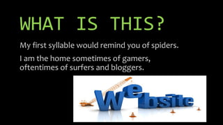 WHAT IS THIS?
My first syllable would remind you of spiders.
I am the home sometimes of gamers,
oftentimes of surfers and bloggers.
 