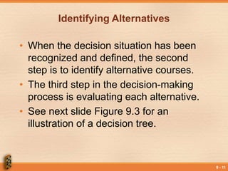 9 - 11
Identifying Alternatives
• When the decision situation has been
recognized and defined, the second
step is to identify alternative courses.
• The third step in the decision-making
process is evaluating each alternative.
• See next slide Figure 9.3 for an
illustration of a decision tree.
 