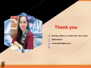 DR RHEA LOWELLA S. FISER, RPSY, RPm, CSIOP
09951100143
rheasantillan@live.com
Thank you
 