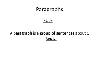 Paragraphs RULE =  A paragraph is a group of sentences about 1 topic. 