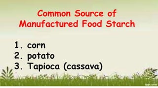 Common Source of
Manufactured Food Starch
1. corn
2. potato
3. Tapioca (cassava)
 