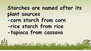 Starches are named after its
plant sources
-corn starch from corn
-rice starch from rice
-tapioca from cassava
 