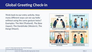 Global Greeting Check-in
Think back to our entry activity. How
many different ways can we say hello
without using the same gesture twice?
Examples: The Wai (Thailand), The Bow
(Japan), The Handshake (Western), The
Hongi (Maori).
Lesson 9: Using Appropriate Non-Verbal Strategies
(Communication Beyond Words)
• Lesson 10: Using Culturally Appropriate Verbal Slide 3
 