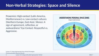 Non-Verbal Strategies: Space and Silence
Proxemics: High-contact (Latin America,
Mediterranean) vs. Low-contact cultures
(Northern Europe, East Asia). Silence: A
sign of agreement, reflection, or
awkwardness? Eye Contact: Respectful vs.
Aggressive.
Lesson 9: Using Appropriate Non-Verbal Strategies
(Communication Beyond Words)
• Lesson 10: Using Culturally Appropriate Verbal Slide 7
 