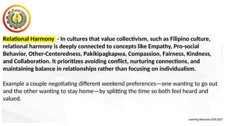 Relational Harmony - In cultures that value collectivism, such as Filipino culture,
relational harmony is deeply connected to concepts like Empathy, Pro-social
Behavior, Other-Centeredness, Pakikipagkapwa, Compassion, Fairness, Kindness,
and Collaboration. It prioritizes avoiding conflict, nurturing connections, and
maintaining balance in relationships rather than focusing on individualism.
Example a couple negotiating different weekend preferences—one wanting to go out
and the other wanting to stay home—by splitting the time so both feel heard and
valued.
LearningResource2026-2027
 