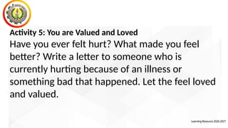 Activity 5: You are Valued and Loved
Have you ever felt hurt? What made you feel
better? Write a letter to someone who is
currently hurting because of an illness or
something bad that happened. Let the feel loved
and valued.
.
LearningResource2026-2027
 