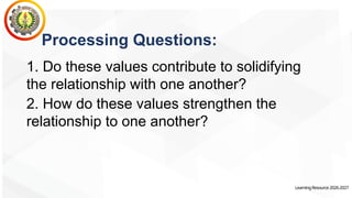 LearningResource2026-2027
Processing Questions:
1. Do these values contribute to solidifying
the relationship with one another?
2. How do these values strengthen the
relationship to one another?
 