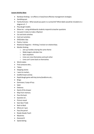 Lesson Activity Ideas
Rainbow thinking – on effects or least/most effective management strategies
Gambling quiz
Family fortunes – What would you pack in a survival kit? What labels would be included on a
diagram of…?
Play dough models
Show me – using whiteboards students respond to teacher questions
Use post it notes to make a flipchart
Cut and stick activities
Card sort activities
DVD/video clips
Poetry / stories
Relational Diagrams – thinking / revision on relationships.
Marble thinking
o Join up marbles sharing the same theme
o Make largest unbroken line
o Start anywhere
o Lines can cross themselves and each other
o Lines can’t come back on themselves
Word snakes
Find someone who…
Taboo
Stepping stones
I went to market…
Goldfish bowl activity
Rapid dough game with key terms/landforms etc…
Bingo
Dominoes / Loop of fury
Splat
Debonos
Quick of the drawer
Map from memory
Pass the buck
Question of…
Picture reveal
Quiz Quiz Trade
Back to Back
What am I quiz
Pass the parcel
Ready Steady Teach
Mysteries
Diamond 9
Speed dating