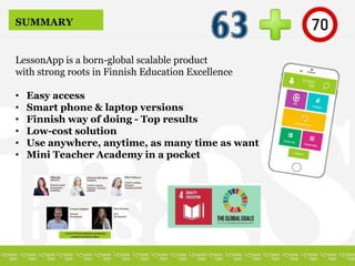 SUMMARY
LessonApp is a born-global scalable product
with strong roots in Finnish Education Excellence
• Easy access
• Smart phone & laptop versions
• Finnish way of doing - Top results
• Low-cost solution
• Use anywhere, anytime, as many time as want
• Mini Teacher Academy in a pocket
 
