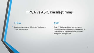 FPGA ve ASIC Karşılaştırması
FPGA
• Donanım tanımlama dilleri olanVerilog veya
VHDL ile tasarlanır.
ASIC
• Tıpkı FPGA’larda olduğu gibi, donanım
tanımlama dilleri olanVerilog veyaVHDL ile
tasarlandıktan sonra silikona aktarılarak
entegreye dönüştürülür.
15
 