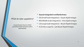 FPGA ile neler yapabiliriz?
• Sayısal entegrelerin sınıflandırılması:
• SSI (Small Scale Integration) – Küçük ölçekli entegre
• MSI (Middle Scale Integration) – Orta ölçekli entegre
• LSI (Large Scale Integration) – Büyük Ölçekli Entegre
• VLSI (Very Large SI) – Çok Büyük Ölçekli Entegre
Sayısal Entegre Tasarımı (ASIC)
gerçekleştirilerek lisanslama işlemi
yapılmaktadır.
32
 