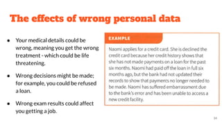 The effects of wrong personal data
● Your medical details could be
wrong, meaning you get the wrong
treatment - which could be life
threatening.
● Wrong decisions might be made;
for example, you could be refused
a loan.
● Wrong exam results could affect
you getting a job.
34
 