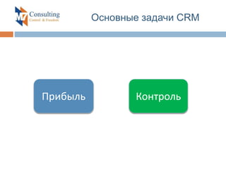 Основные задачи CRM
Прибыль Контроль
 