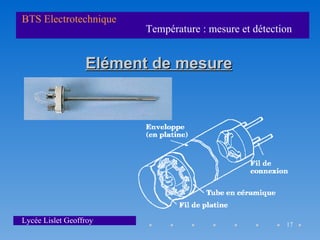 BTS Electrotechnique
                        Température : mesure et détection


                  Elément de mesure




Lycée Lislet Geoffroy                                  17
 