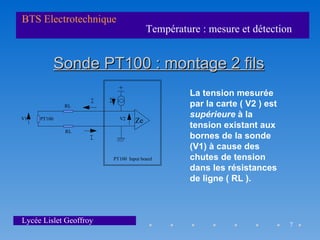 BTS Electrotechnique
                                          Température : mesure et détection


             Sonde PT100 : montage 2 fils
                              +
                                                   La tension mesurée
                    I   I
              RL                                   par la carte ( V2 ) est
V1   PT100                    V2
                                                   supérieure à la
                                     Ze
                                                   tension existant aux
              RL
                   I                               bornes de la sonde
                                                   (V1) à cause des
                            PT100 Input board      chutes de tension
                                                   dans les résistances
                                                   de ligne ( RL ).



Lycée Lislet Geoffroy                                                        7
 