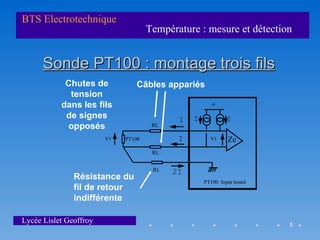 BTS Electrotechnique
                                     Température : mesure et détection


      Sonde PT100 : montage trois fils
            Chutes de            Câbles appariés
             tension
           dans les fils                              +
            de signes                       I   I            I
             opposés                  RL

                        V1   PT100          I         V1     Ze
                                      RL


                                      RL   2I
               Résistance du                        PT100 Input board
               fil de retour
               indifférente

Lycée Lislet Geoffroy                                                   8
 