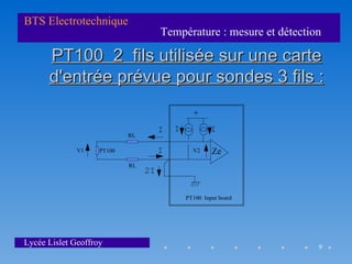 BTS Electrotechnique
                                      Température : mesure et détection

      PT100 2 fils utilisée sur une carte
      d'entrée prévue pour sondes 3 fils :
                                                +
                                      I   I            I
                            RL

              V1    PT100             I         V2     Ze
                            RL
                                 2I


                                              PT100 Input board




Lycée Lislet Geoffroy                                                 9
 
