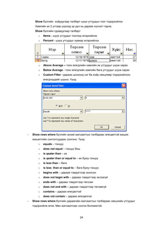 Show á¿ëãèéí õî¸ðäóãààð òàëáàðò ø¿¿õ óòãóóäûí òîîã òîäîðõîéëîõ
      Õàìãèéí èõ 2 óòãààð ø¿¿õýä ¿ð ä¿í íü äàðààõ õ¿ñíýãò ãàðíà.
      Show á¿ëãèéí ãóðàâäóãààð òàëáàðò
        o   Items - ø¿¿õ óòãóóäûã òîîãîîð èëýðõèéëýõ
        o   Percent - ø¿¿õ óòãóóäûã õóâèàð èëýðõèéëýõ




        o   Above Average – òîîí ºãºãäëèéí õàìãèéí èõ óòãóóäûã ø¿¿æ õàðàõ
        o   Below Average - òîîí ºãºãäëèéí õàìãèéí áàãà óòãóóäûã ø¿¿æ õàðàõ
        o   Custom Filter –äàðààõ öîíõîíä íýã áà õî¸ð íºõöëººð òîäîðõîéëñîí
            ºãºãäë¿¿äèéã ø¿¿íý. ¯¿íä:




-   Show rows where á¿ëãèéí ýõíèé æàãñààëòûí òàëáàðààñ ºãºãäºëòýé æèøèõ
    æèøèëòèéí ñîíãîëòóóäààñ ñîíãîíî. ¯¿íä:
        o   equals – òýíö¿¿
        o   does not equal – òýíö¿¿ áèø
        o   is qeater than – èõ
        o   is qeater than or equal to – èõ áóþó òýíö¿¿
        o   is less than – áàãà
        o   is less than or equal to – áàãà áóþó òýíö¿¿
        o   begins with – äàðààõ òýìäýãòýýð ýõýëñýí
        o   does not begin with – äàðààõ òýìäýãòýýð ýõëýýã¿é
        o   ends with – äàðààõ òýìäýãòýýð òºãññºí
        o   does not end with – äàðààõ òýìäýãòýýð òºãñººã¿é
        o   contains – äàðààõ ºãºãäºëòýé
        o   does not contain – äàðààõ ºãºãäºëã¿é
-   Show rows where á¿ëãèéí äàðààãèéí æàãñààëòûí òàëáàðààñ íºõöëèéí óòãóóäûã
    òîäîðõîéëæ ºãíº. Ìºí æàãñààëòààñ ñîíãîõ áîëîìæòîé.



                                        24
 