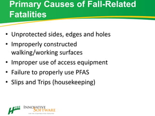 Primary Causes of Fall-Related
Fatalities
• Unprotected sides, edges and holes
• Improperly constructed
walking/working surfaces
• Improper use of access equipment
• Failure to properly use PFAS
• Slips and Trips (housekeeping)
 