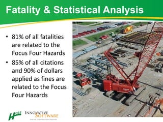 Fatality & Statistical Analysis
• 81% of all fatalities
are related to the
Focus Four Hazards
• 85% of all citations
and 90% of dollars
applied as fines are
related to the Focus
Four Hazards
 