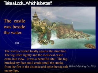 TakeaLook…Whichisbetter?
The castle
was beside
the water.
OR…
The waves crashed loudly against the shoreline.
The fog lifted lightly and the medieval castle
came into view. It was a beautiful site! The fog
brushed my face and I could smell the smoke
from the fire in the distance and taste the sea salt Walsh Publishing Co. 2009
on my lips.
 