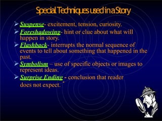 SpecialTechniquesusedinaStory
Suspense- excitement, tension, curiosity.
Foreshadowing- hint or clue about what will
happen in story.
Flashback- interrupts the normal sequence of
events to tell about something that happened in the
past.
Symbolism – use of specific objects or images to
represent ideas.
Surprise Ending - conclusion that reader
does not expect.
 