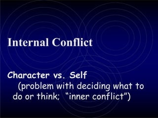 Internal Conflict
Character vs. Self
(problem with deciding what to
do or think; “inner conflict”)
 
