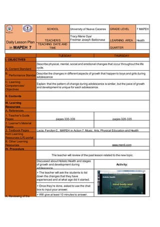 SCHOOL University of Nueva Caceres GRADE LEVEL 7 MAPEH
Daily Lesson Plan
TEACHER/S
TEACHING DATE AND
Tracy Marie Oya/
Fredmar Joseph Baldonasa LEARNING AREA Health
in MAPEH 7 TIME QUARTER
I. OBJECTIVES
TUESDAY THURSDAY
A. Content Standard
Describe physical, mental, social and emotional changes that occur throughout the life
cycle.
B.
Performance Standar
Describe the changes in different aspects of growth that happen to boys and girls during
adolescence
C. Learning
Competencies/
Objectives
Explain that the pattern of change during adolescence is similar, but the pace of growth
and development is unique for each adolescence.
II. Contents
III. Learning
Resources
A. References
1. Teacher's Guide
Pages
2. Learner's Material
Pages
3. Textbook Pages
from Learning
Resources (LR) portal
B. Other Learning
Resources
IV. Procedure
pages 335-339 pages 328-335
Lacia, Fercilyn C., MAPEH in Action 7, Music, Arts, Physical Education and Health
www.menti.com
The teacher will review of the past lesson related to the new topic.
A. Reviewing of the
Discussed about Holistic Health and stages
of growth and development during
adolescence.
> The teacher will ask the students to list
down the changes that they have
experienced and at what age did it started.
> Once they're done, asked to use the chat
box to input your answer.
> Will give at least 10 minutes to answer.
Activity:
 