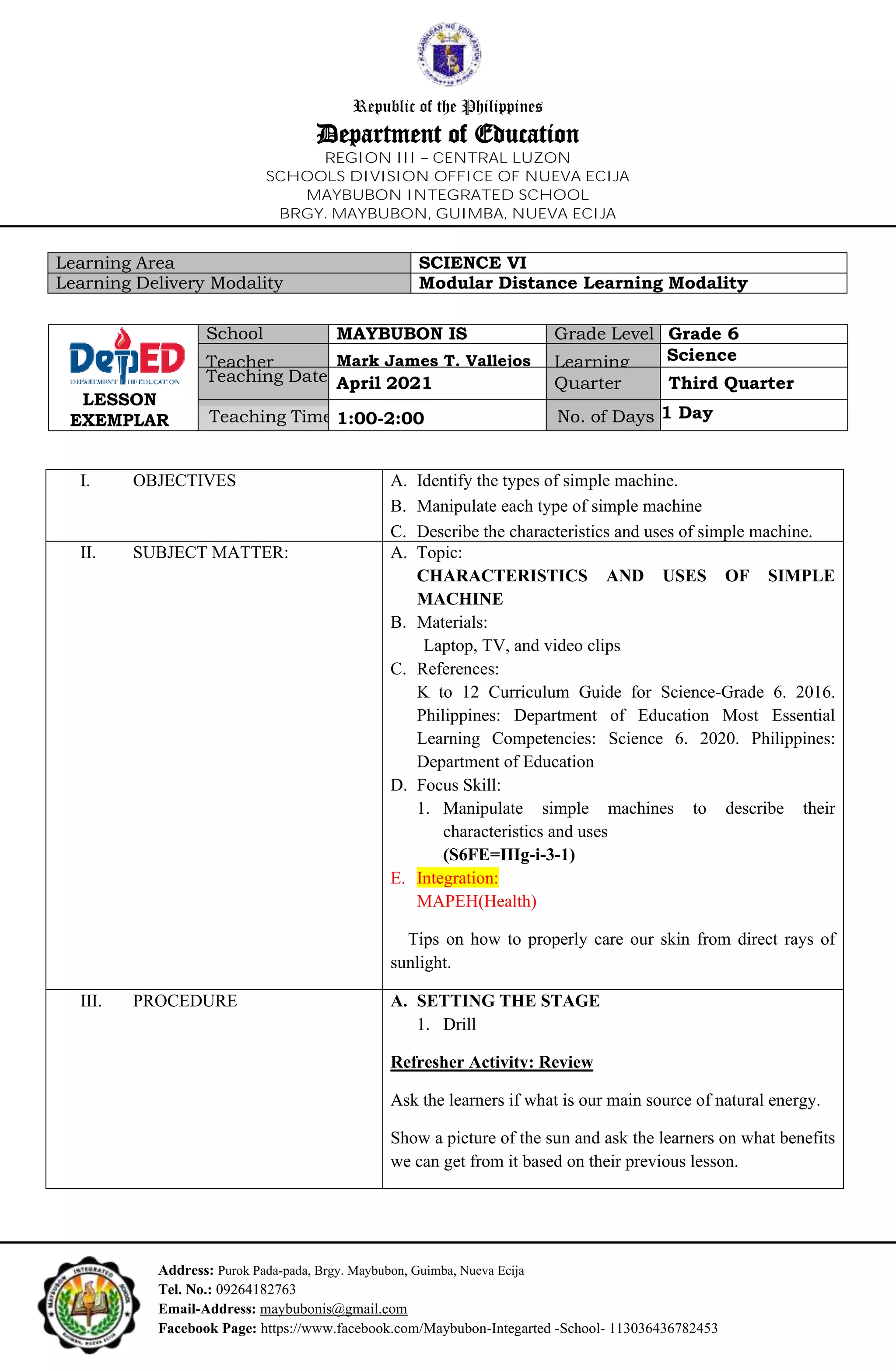 Lesson exemplar in science 6 | PDF